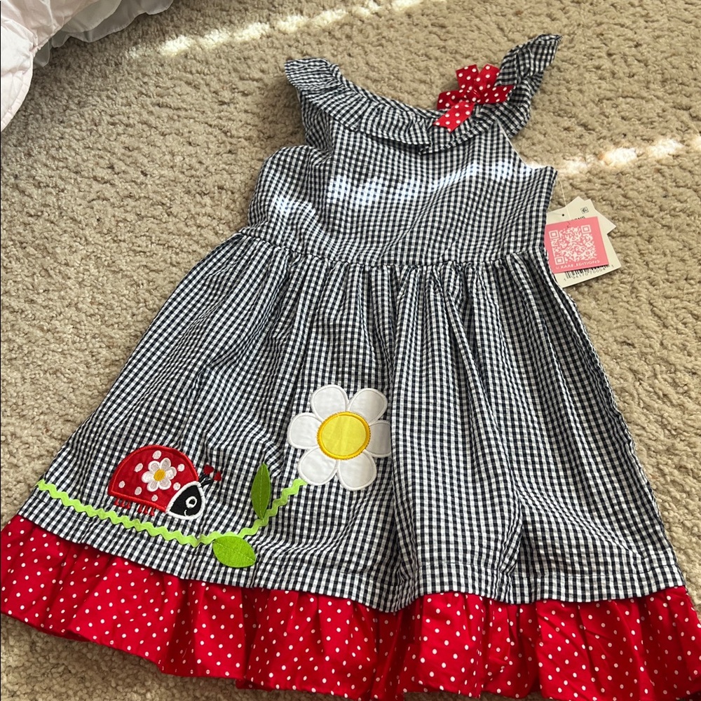 Gingham Dress with Ladybug and Flower Design